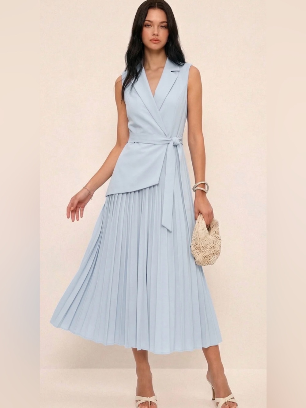 NWT Commense Light Blue Pleated Midi Dress - Small